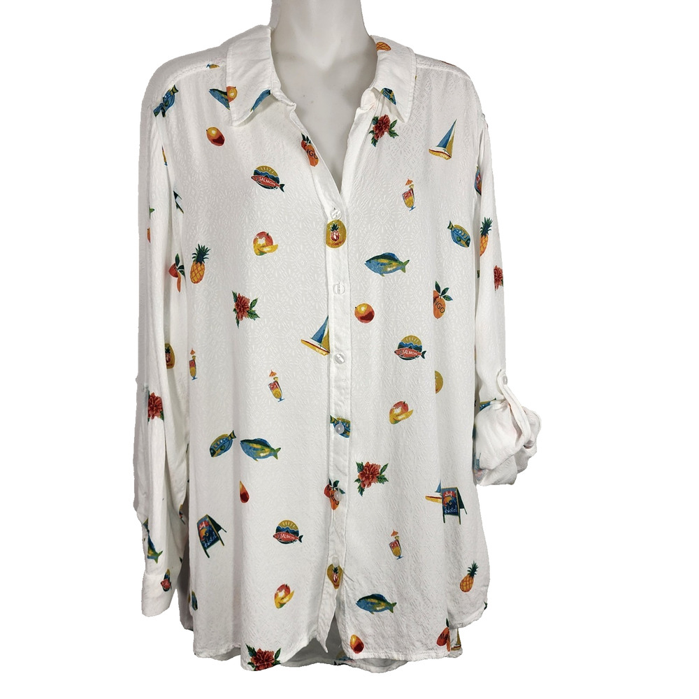 Jane & Delancey Womens Button Up Shirt 1X Tropical Print Novelty Roll Tab Sleeve